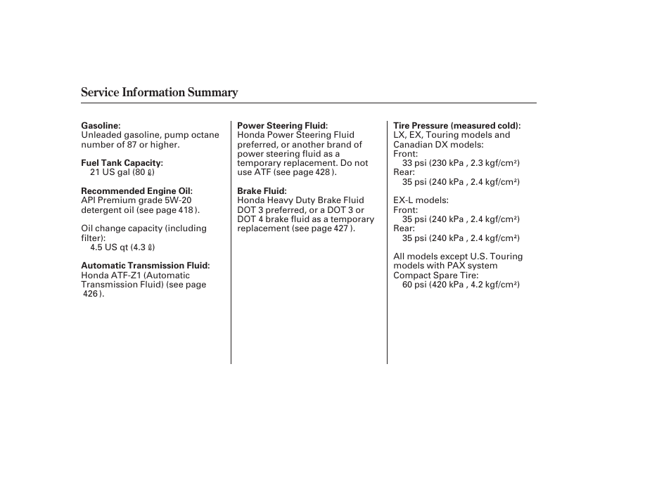 Service information summary | HONDA 2008 Odyssey User Manual | Page 526 / 526