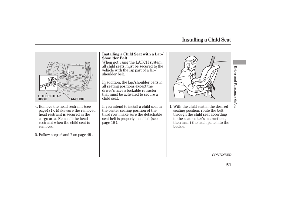 Installing a child seat | HONDA 2008 Odyssey User Manual | Page 57 / 526