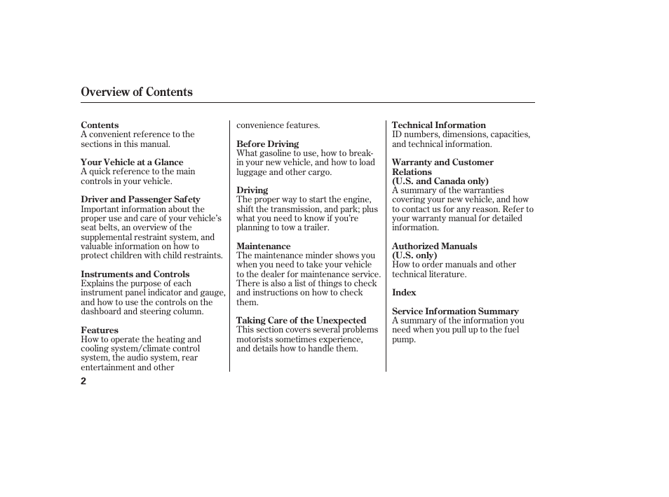 Overview of contents | HONDA 2008 Odyssey User Manual | Page 8 / 526