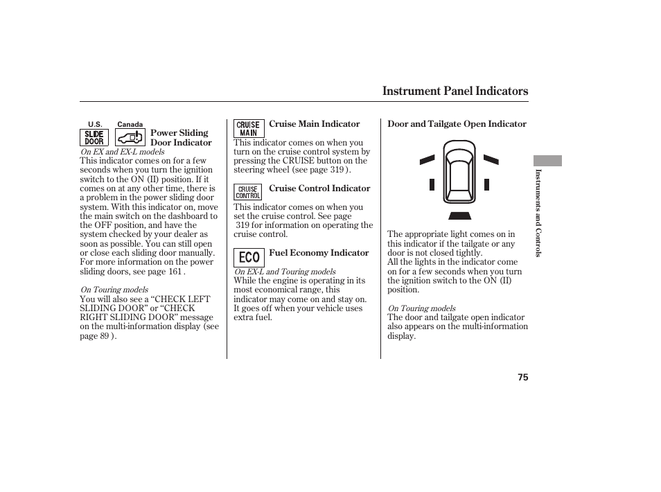 Instrument panel indicators | HONDA 2008 Odyssey User Manual | Page 81 / 526