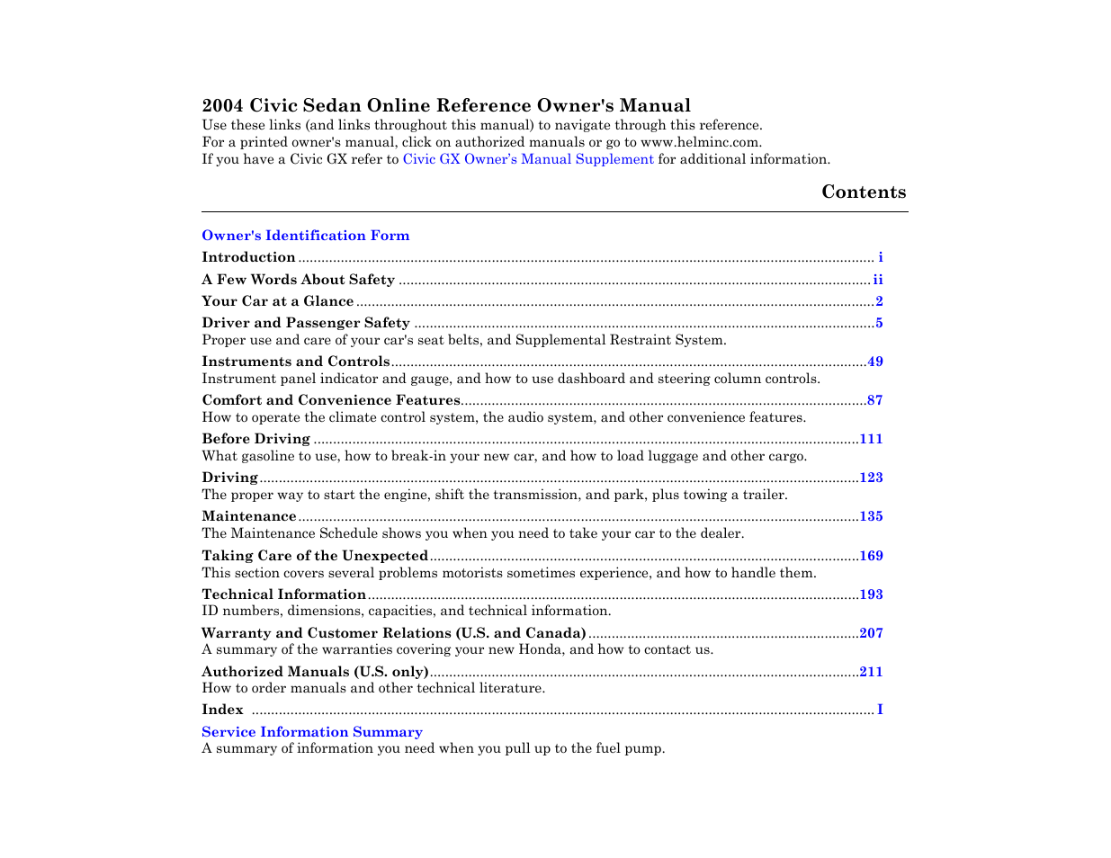 HONDA 2004 Civic Sedan User Manual | 1 page