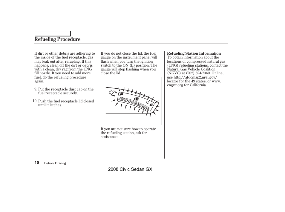 Refueling procedure | HONDA 2008 Civic GX User Manual | Page 10 / 35