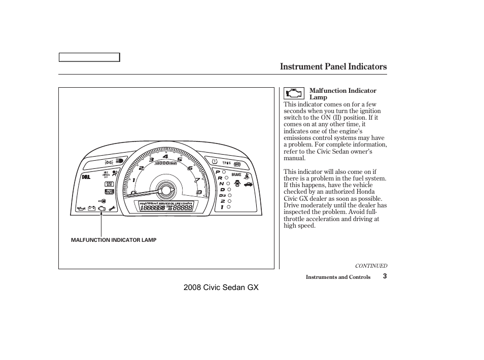 Instrument panel indicators | HONDA 2008 Civic GX User Manual | Page 3 / 35