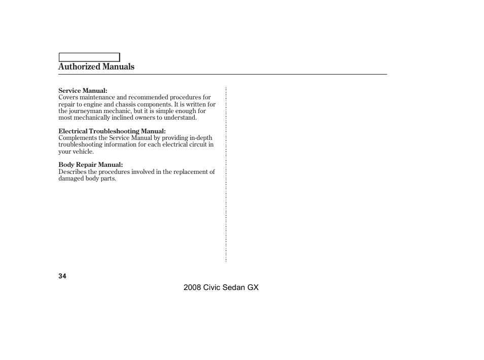 Authorized manuals | HONDA 2008 Civic GX User Manual | Page 34 / 35