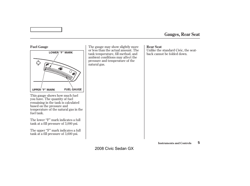 Gauges, rear seat | HONDA 2008 Civic GX User Manual | Page 5 / 35