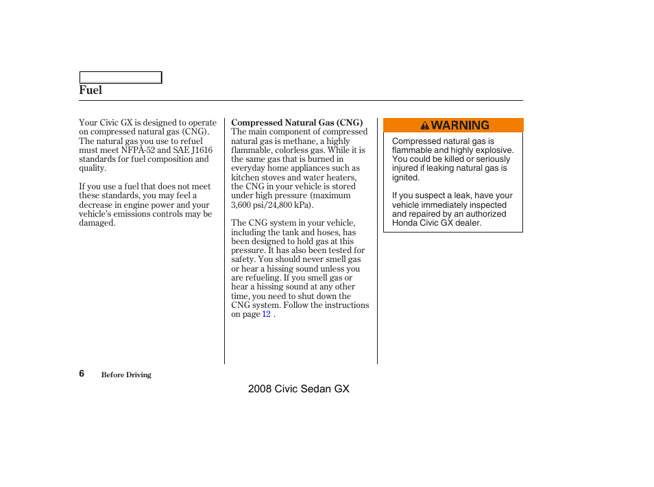 Fuel | HONDA 2008 Civic GX User Manual | Page 6 / 35