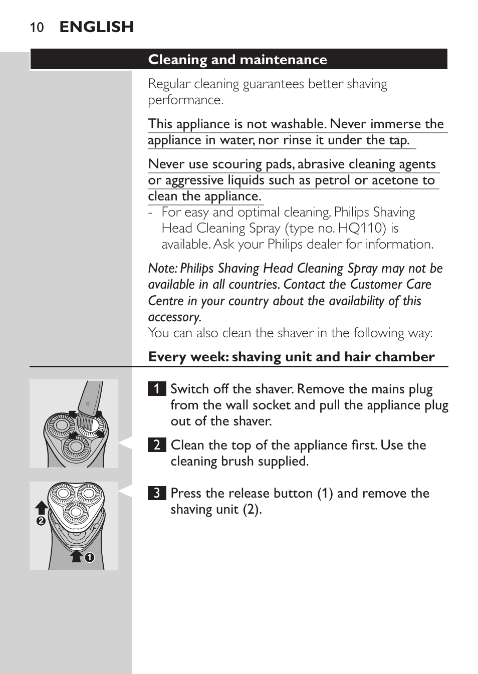 Cleaning and maintenance, Every week: shaving unit and hair chamber, English | Philips HQ 6990 User Manual | Page 10 / 206