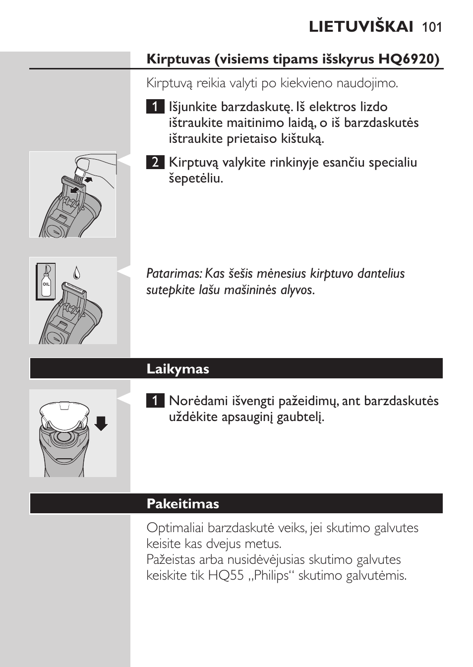 Papildomas valymas, Kirptuvas (visiems tipams išskyrus hq6920) | Philips HQ 6990 User Manual | Page 101 / 206