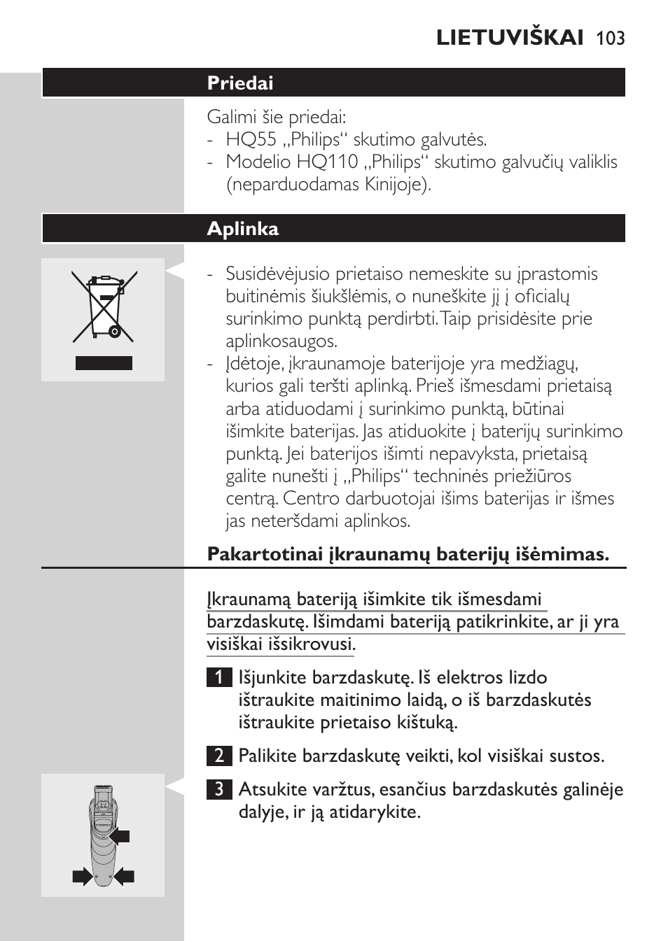 Priedai, Aplinka, Pakartotinai įkraunamų baterijų išėmimas | Philips HQ 6990 User Manual | Page 103 / 206