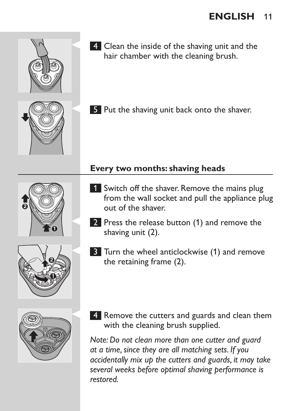 Every two months: shaving heads, English | Philips HQ 6990 User Manual | Page 11 / 206