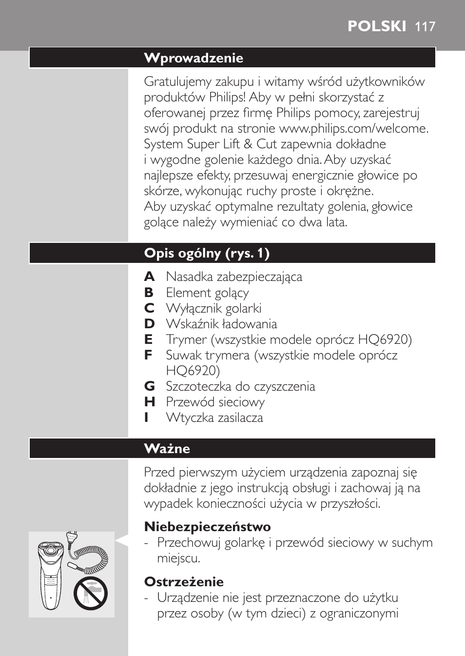 Niebezpieczeństwo, Ostrzeżenie, Polski | Wprowadzenie, Opis ogólny (rys. 1), Ważne | Philips HQ 6990 User Manual | Page 117 / 206