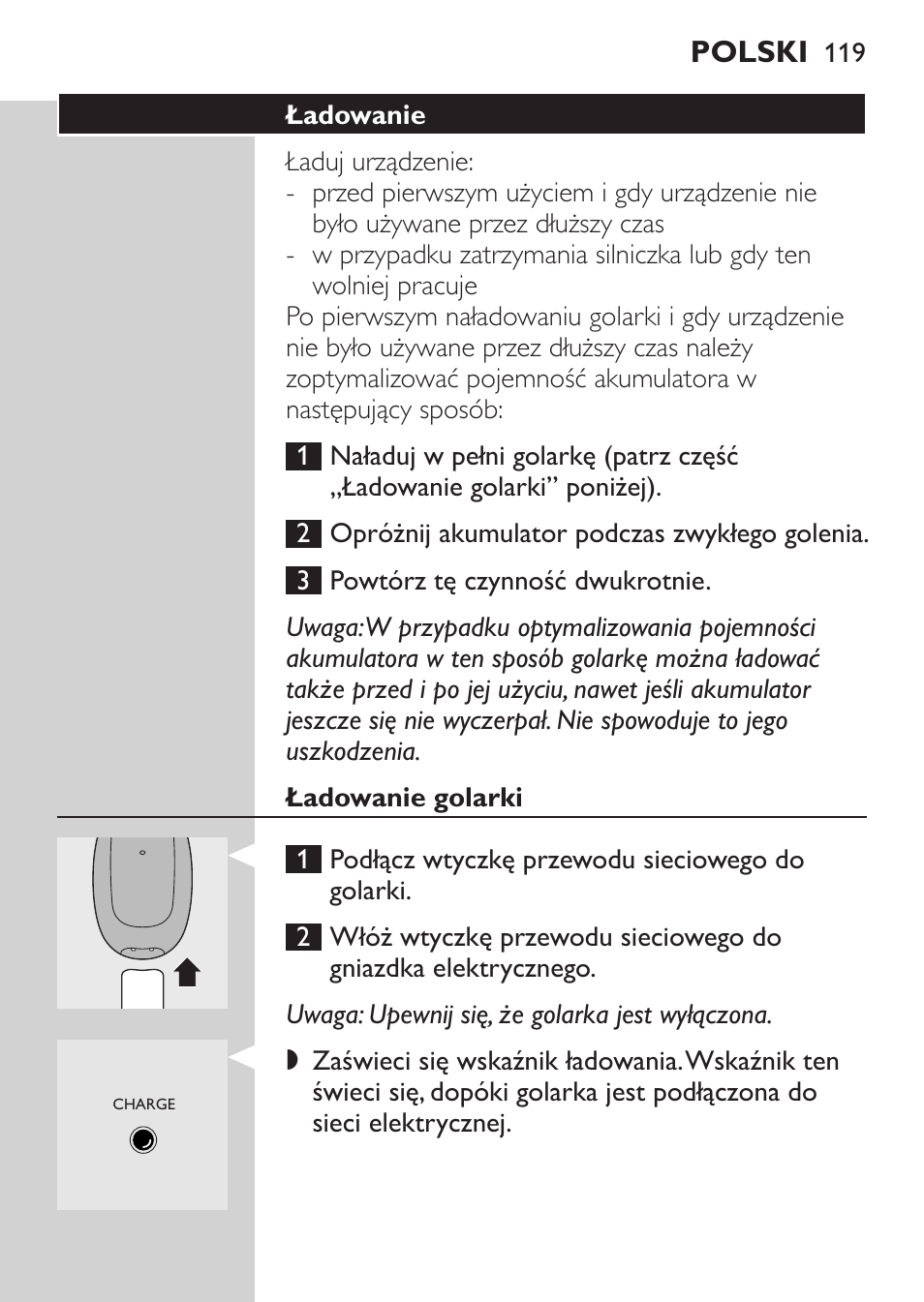 Ładowanie, Ładowanie golarki | Philips HQ 6990 User Manual | Page 119 / 206