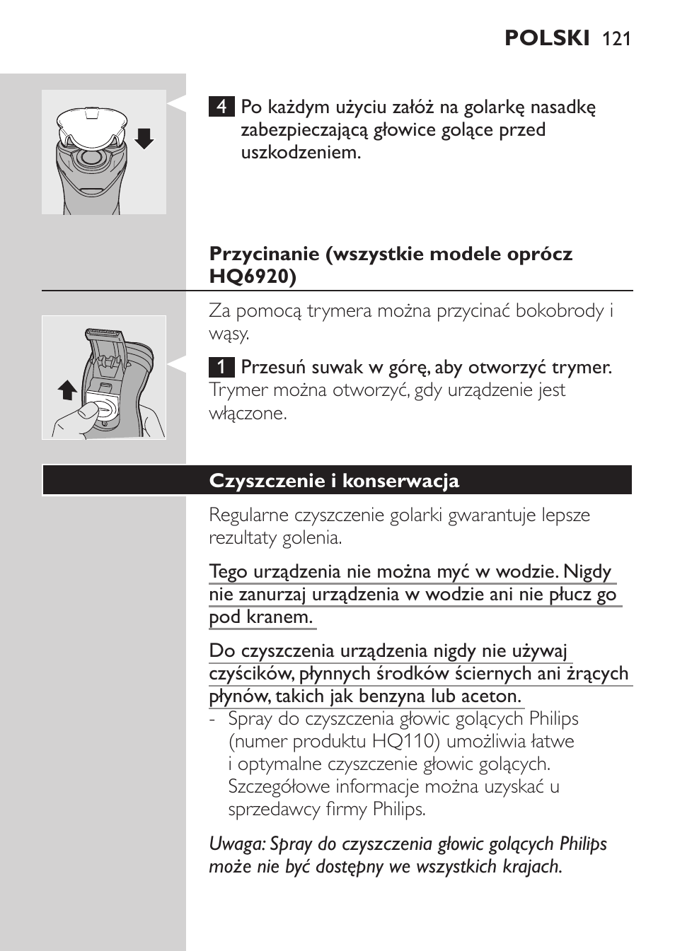 Przycinanie (wszystkie modele oprócz hq6920), Czyszczenie i konserwacja | Philips HQ 6990 User Manual | Page 121 / 206