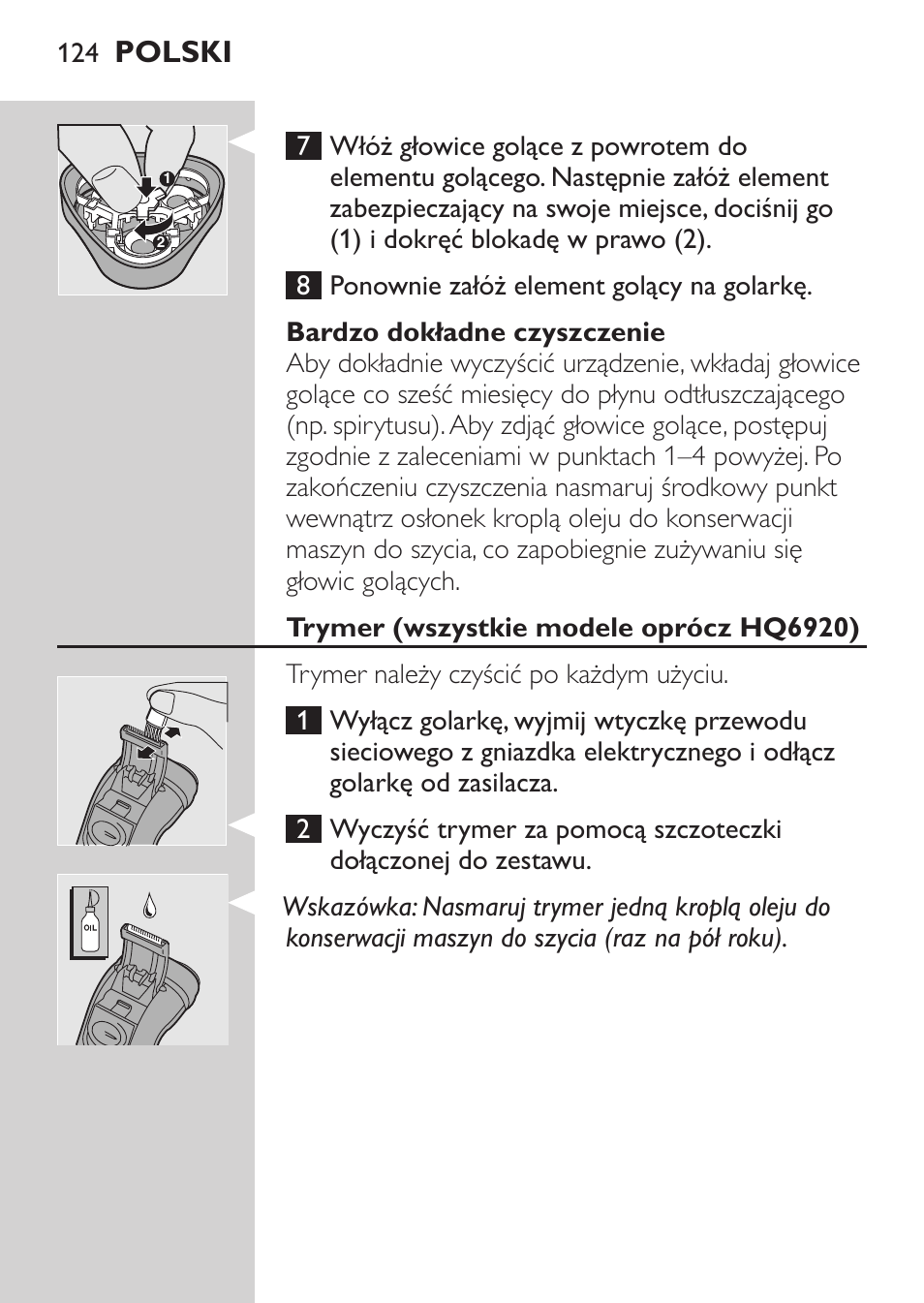 Bardzo dokładne czyszczenie, Trymer (wszystkie modele oprócz hq6920), Polski | Philips HQ 6990 User Manual | Page 124 / 206