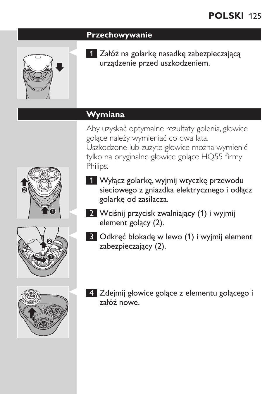 Przechowywanie, Wymiana, Polski | Philips HQ 6990 User Manual | Page 125 / 206