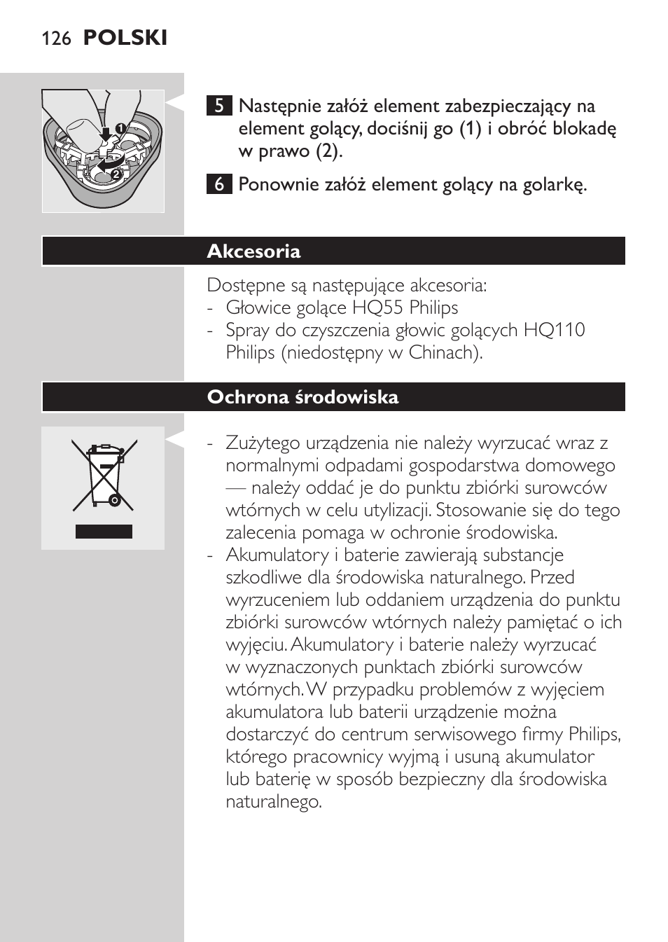 Akcesoria, Ochrona środowiska, Polski | Philips HQ 6990 User Manual | Page 126 / 206