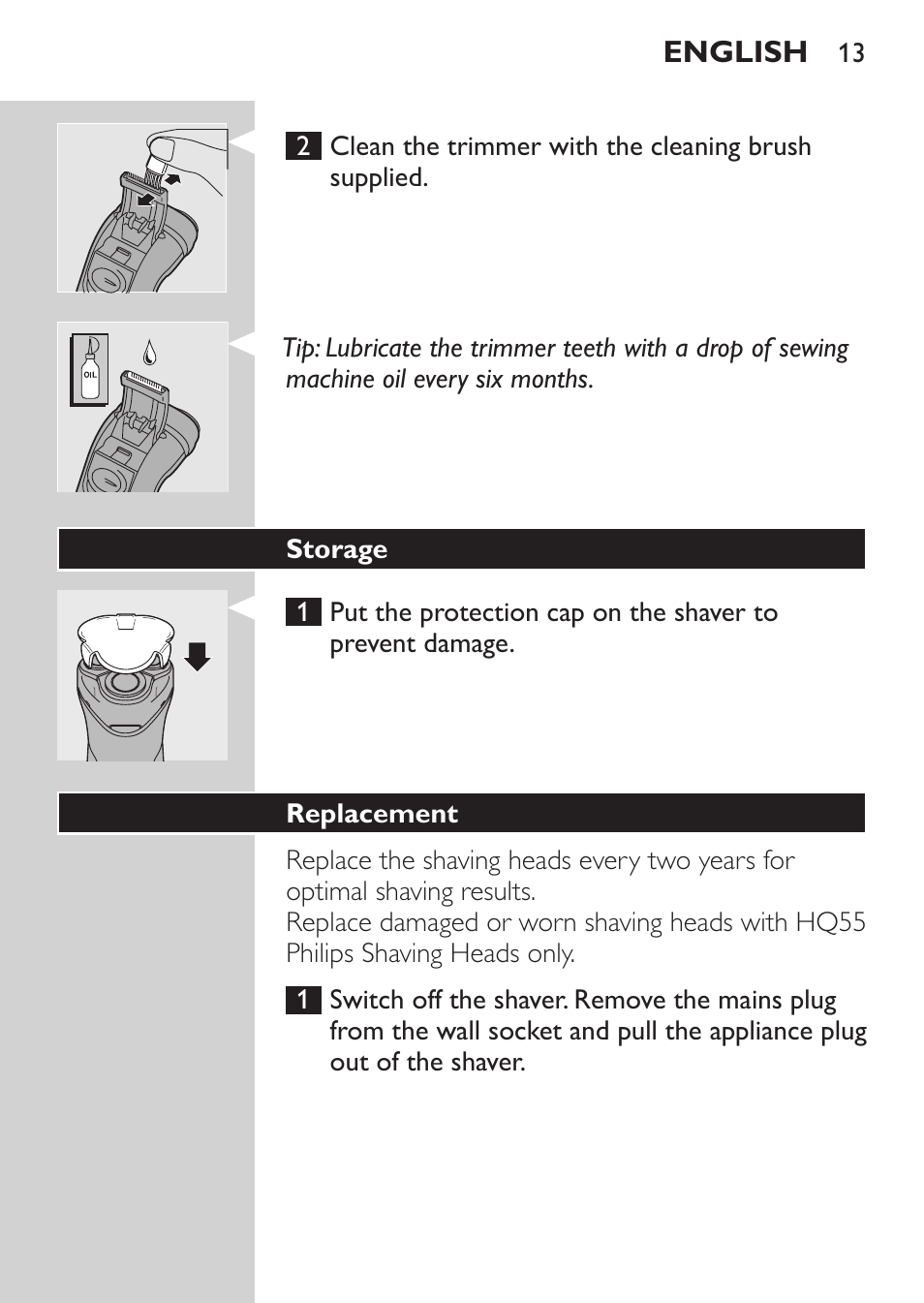 Storage, Replacement | Philips HQ 6990 User Manual | Page 13 / 206