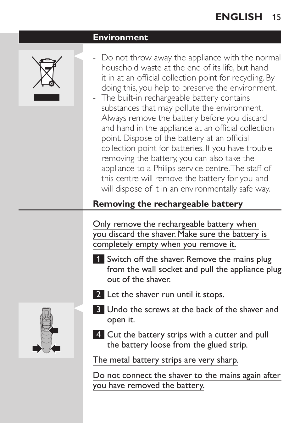 Environment, Removing the rechargeable battery | Philips HQ 6990 User Manual | Page 15 / 206