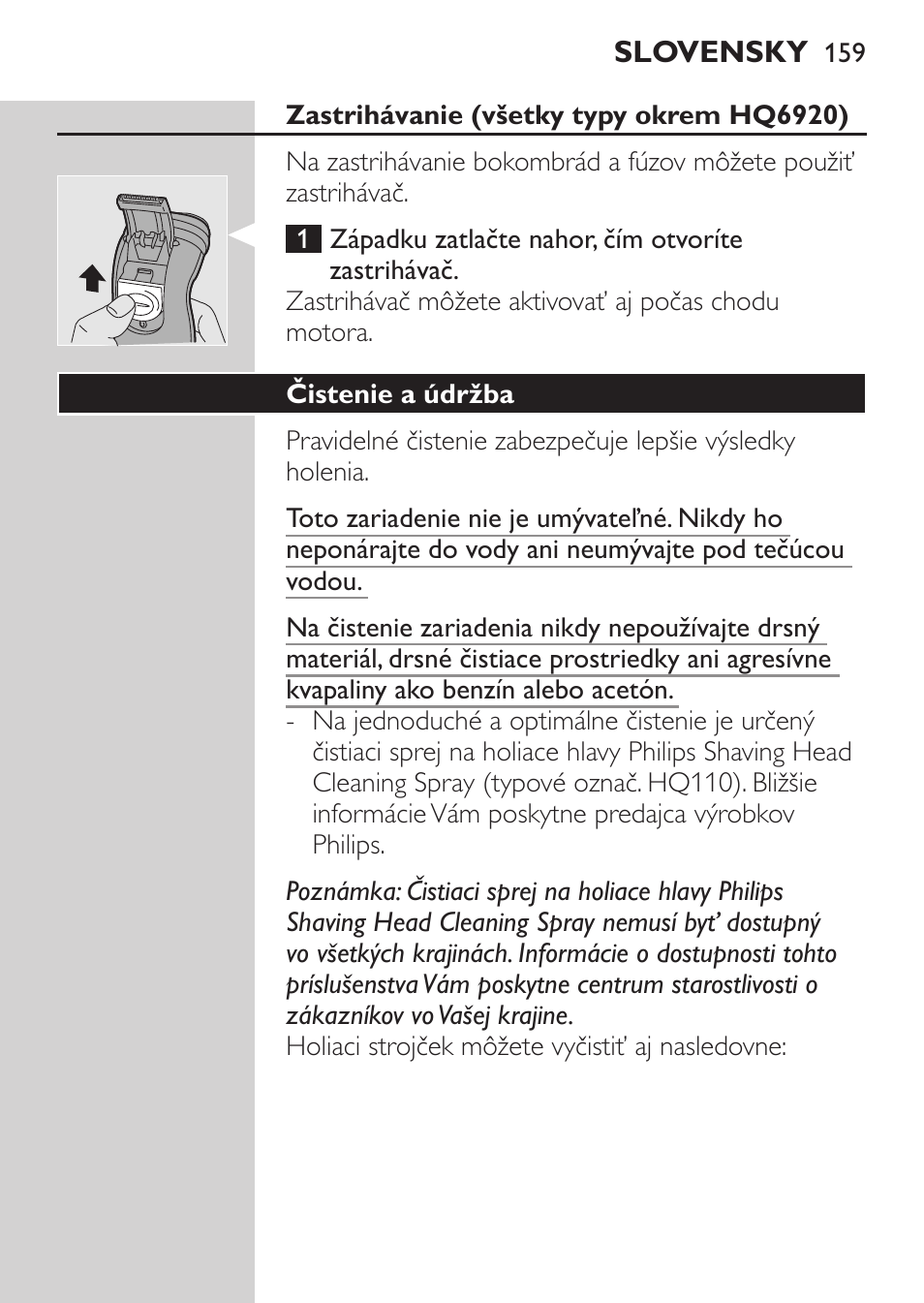 Zastrihávanie (všetky typy okrem hq6920), Čistenie a údržba | Philips HQ 6990 User Manual | Page 159 / 206