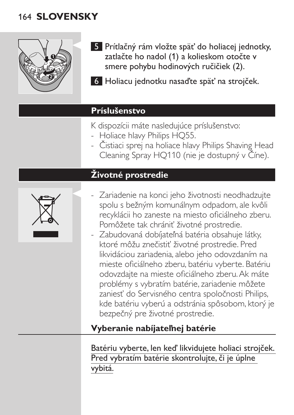 Príslušenstvo, Životné prostredie, Vyberanie nabíjateľnej batérie | Slovensky | Philips HQ 6990 User Manual | Page 164 / 206
