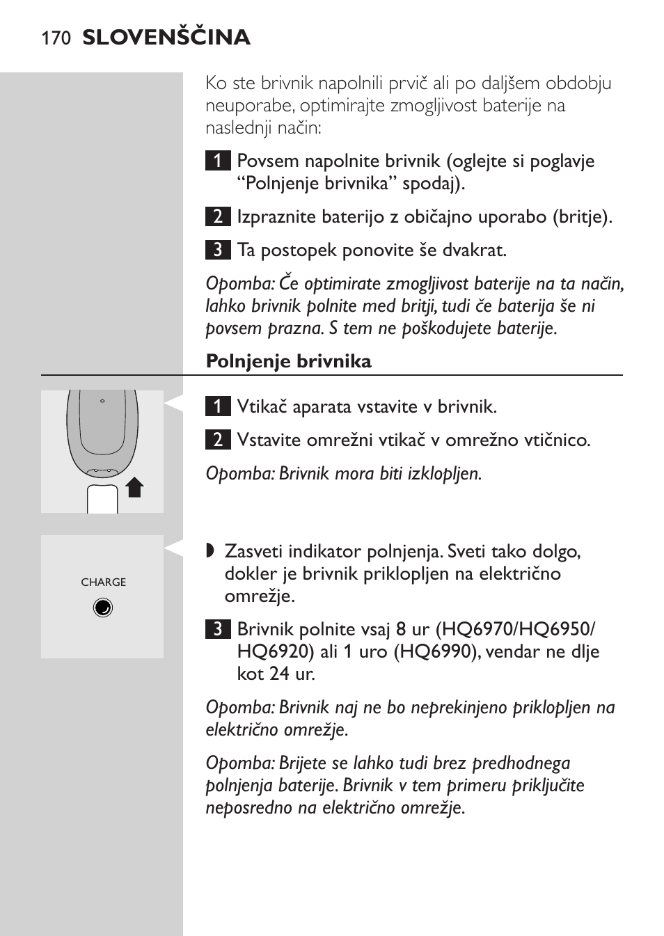 Polnjenje brivnika | Philips HQ 6990 User Manual | Page 170 / 206