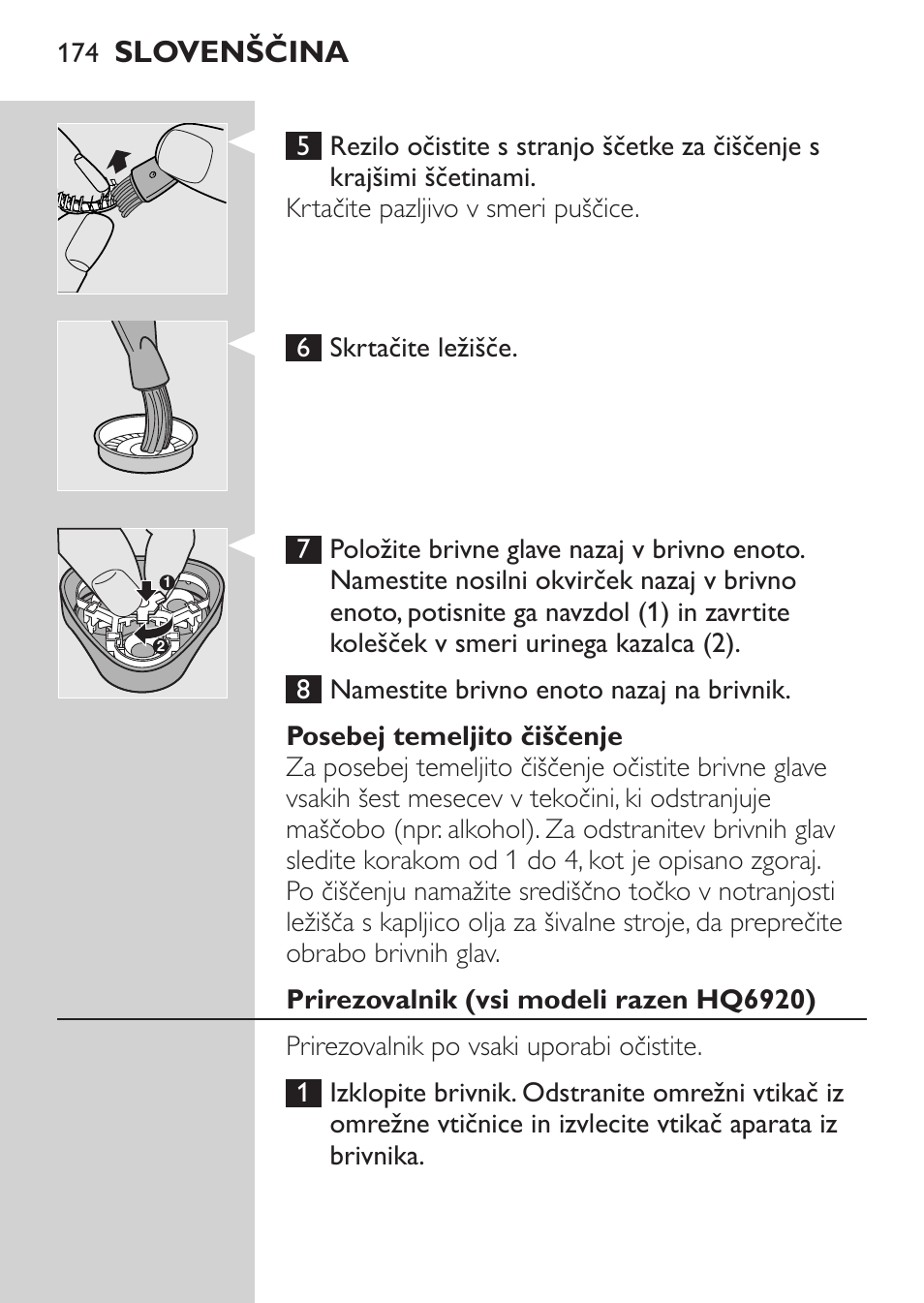 Posebej temeljito čiščenje, Prirezovalnik (vsi modeli razen hq6920), Slovenščina | Philips HQ 6990 User Manual | Page 174 / 206
