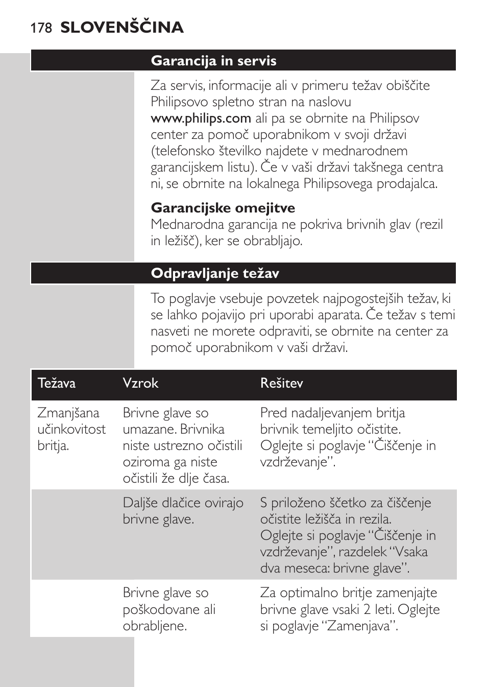 Garancijske omejitve, Garancija in servis, Odpravljanje težav | Philips HQ 6990 User Manual | Page 178 / 206