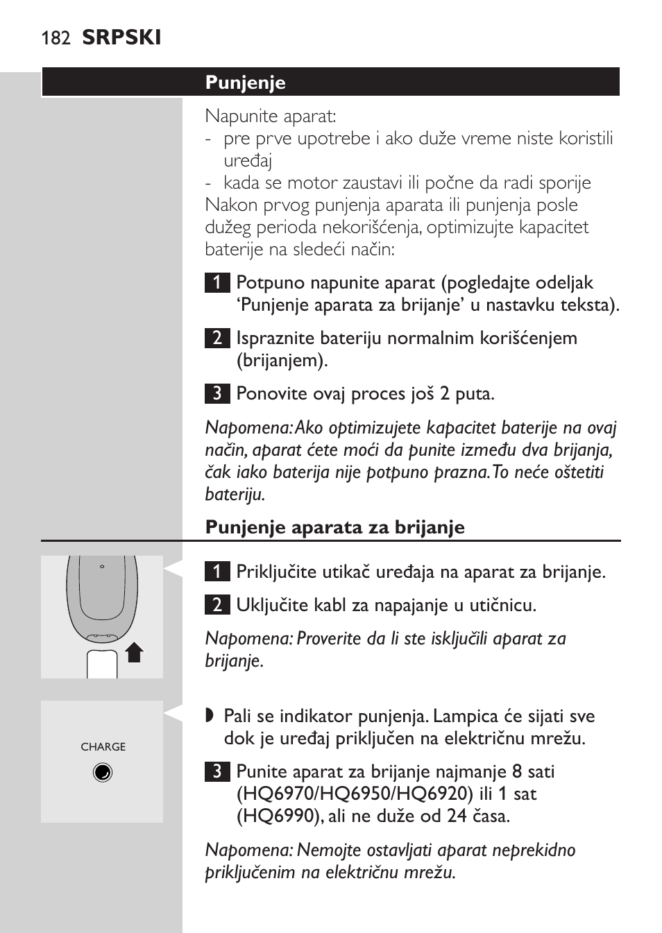 Punjenje aparata za brijanje | Philips HQ 6990 User Manual | Page 182 / 206