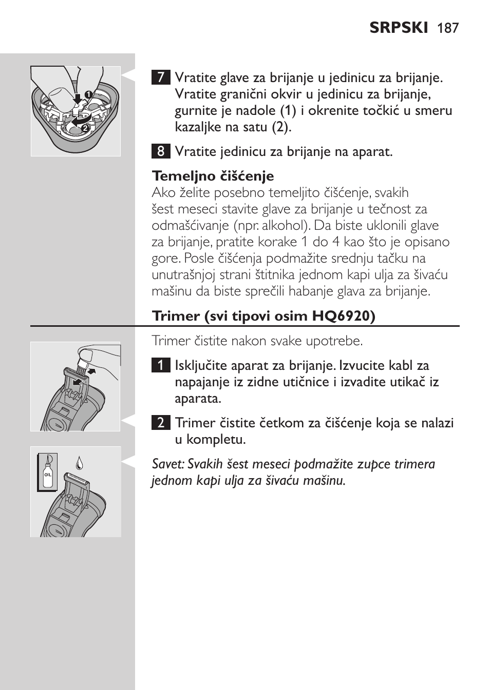 Temeljno čišćenje, Trimer (svi tipovi osim hq6920), Srpski | Philips HQ 6990 User Manual | Page 187 / 206