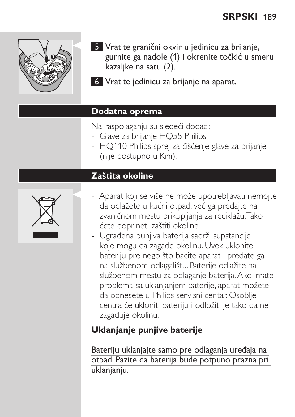 Dodatna oprema, Zaštita okoline, Uklanjanje punjive baterije | Srpski | Philips HQ 6990 User Manual | Page 189 / 206