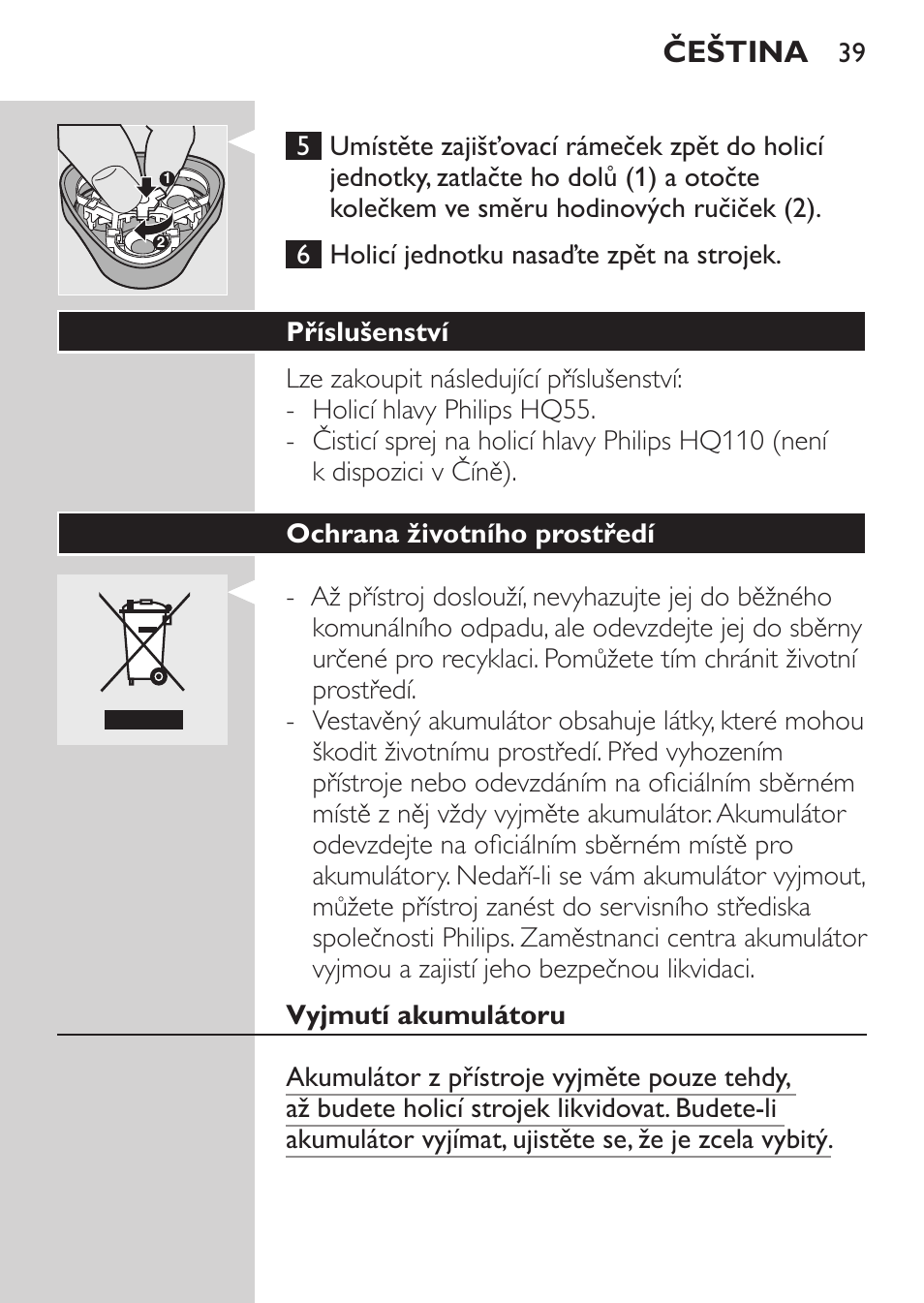 Skladování, Výměna, Čeština | Philips HQ 6990 User Manual | Page 39 / 206