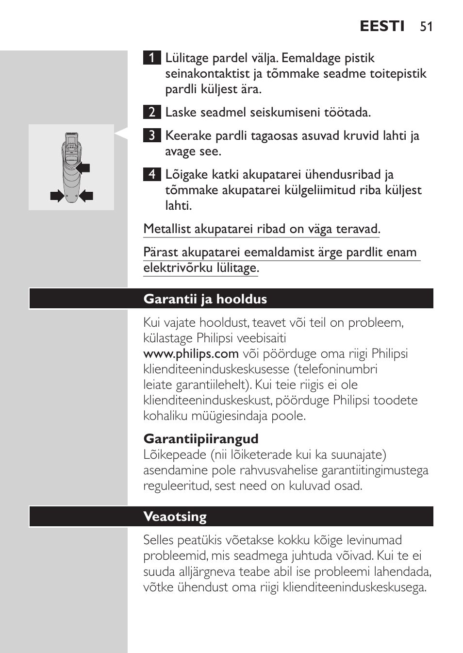 Garantiipiirangud, Garantii ja hooldus, Veaotsing | Philips HQ 6990 User Manual | Page 51 / 206