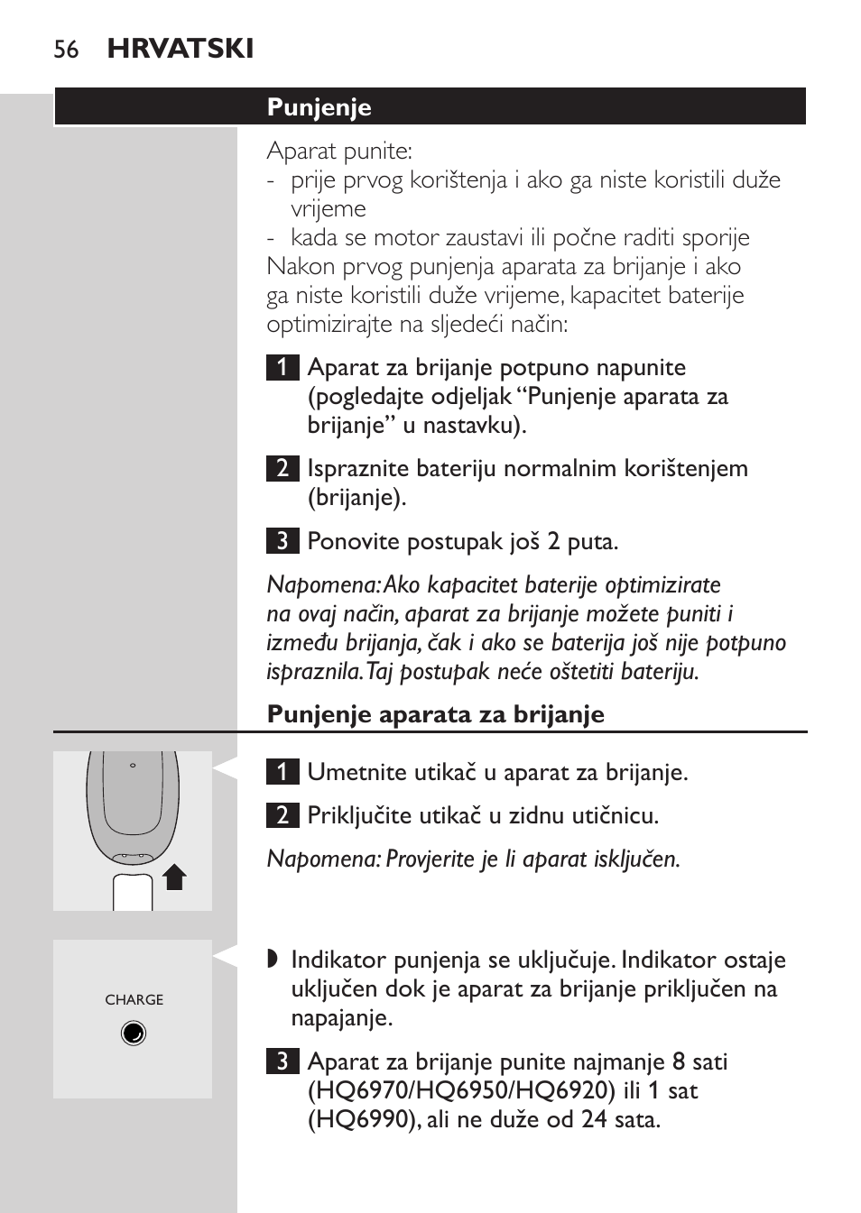 Punjenje aparata za brijanje, Hrvatski | Philips HQ 6990 User Manual | Page 56 / 206