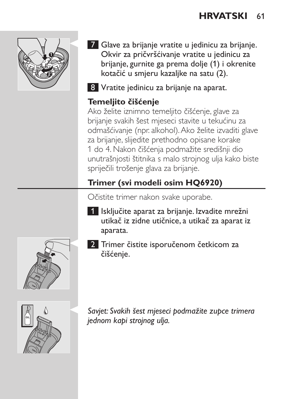 Temeljito čišćenje, Trimer (svi modeli osim hq6920), Hrvatski | Philips HQ 6990 User Manual | Page 61 / 206