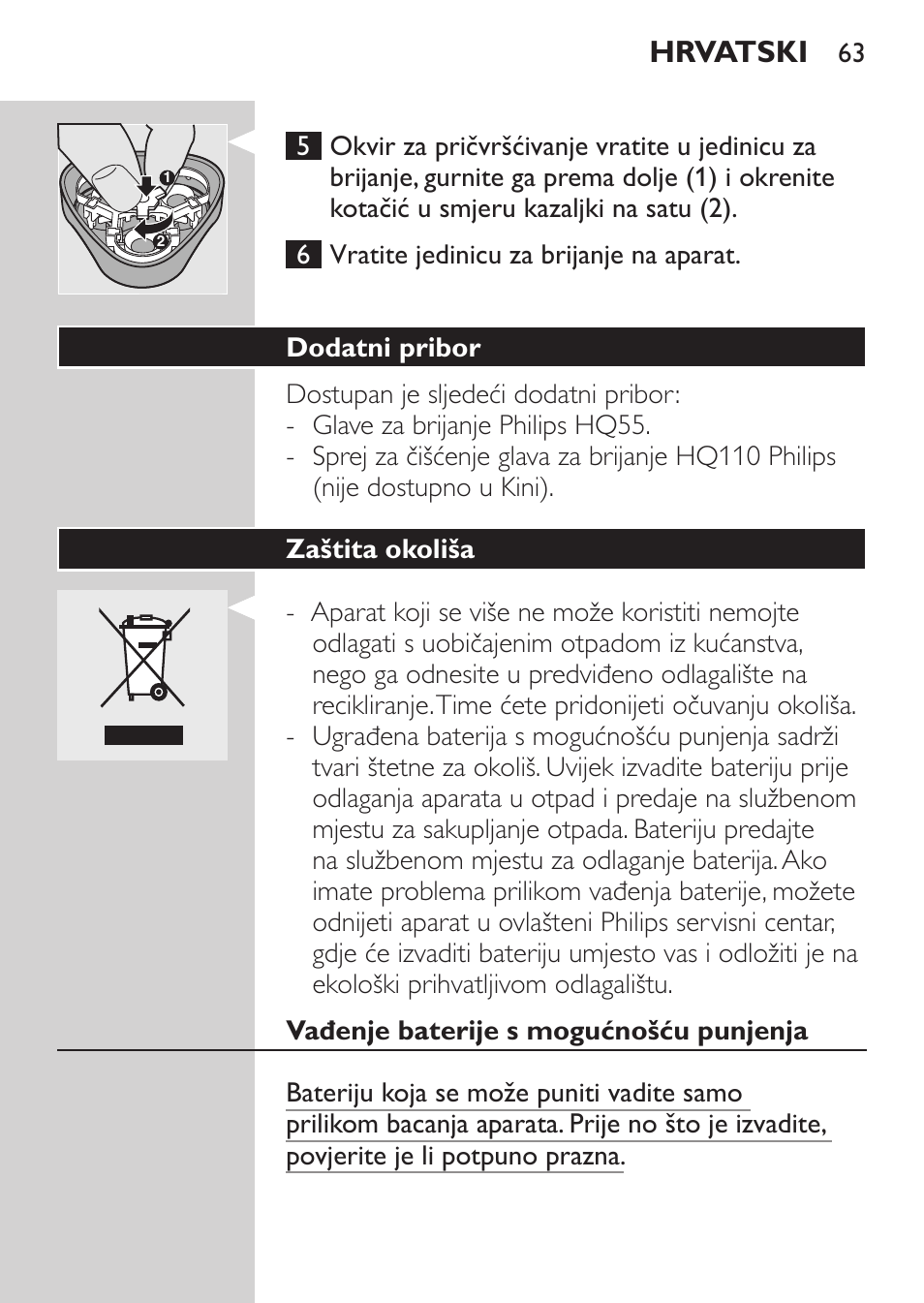 Dodatni pribor, Zaštita okoliša, Vađenje baterije s mogućnošću punjenja | Hrvatski | Philips HQ 6990 User Manual | Page 63 / 206