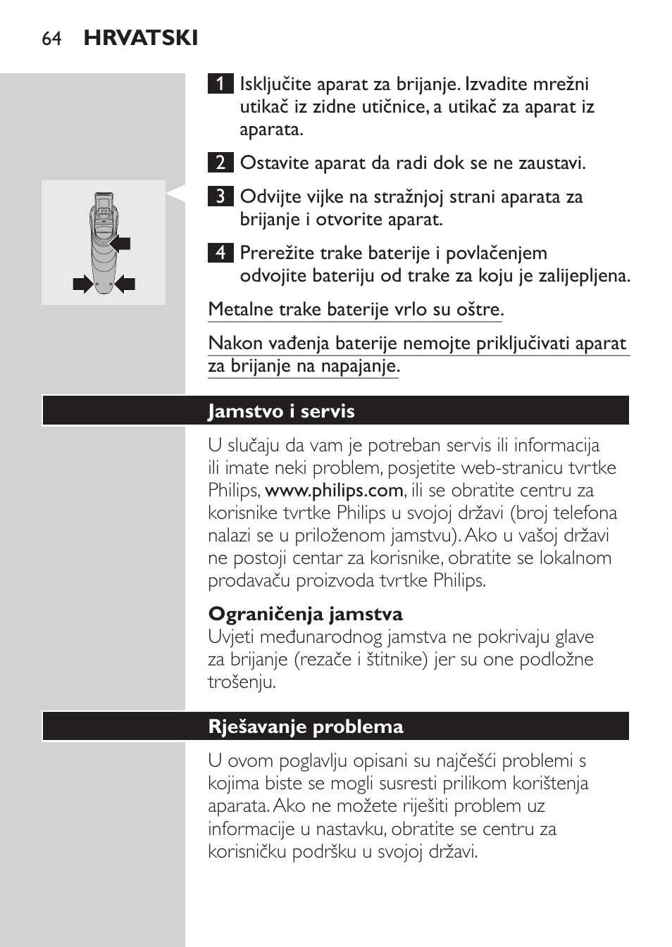Ograničenja jamstva, Jamstvo i servis, Rješavanje problema | Philips HQ 6990 User Manual | Page 64 / 206