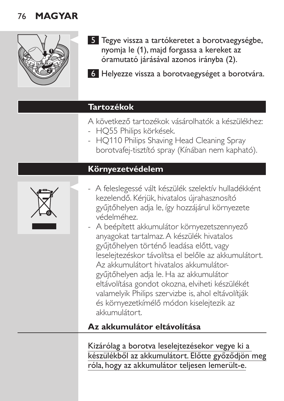 Tartozékok, Magyar | Philips HQ 6990 User Manual | Page 76 / 206
