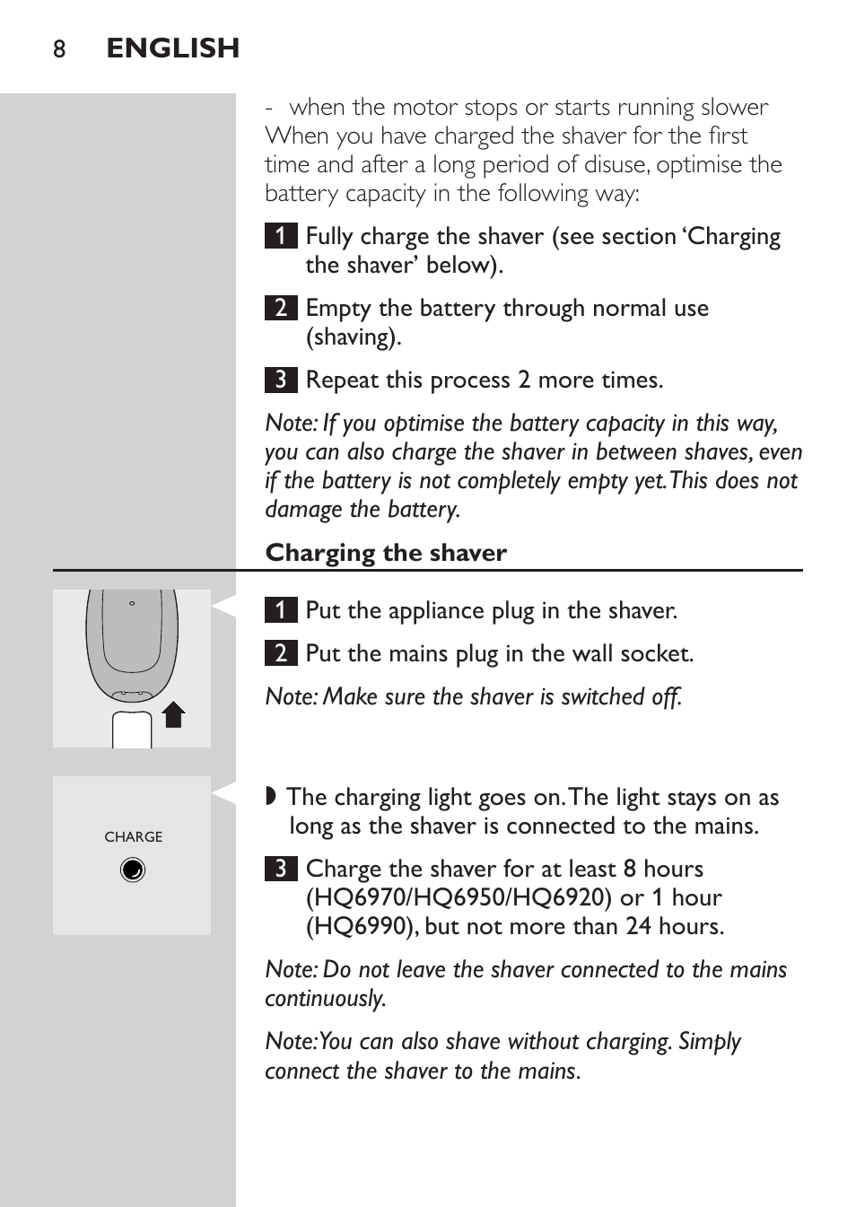 Charging the shaver, English | Philips HQ 6990 User Manual | Page 8 / 206