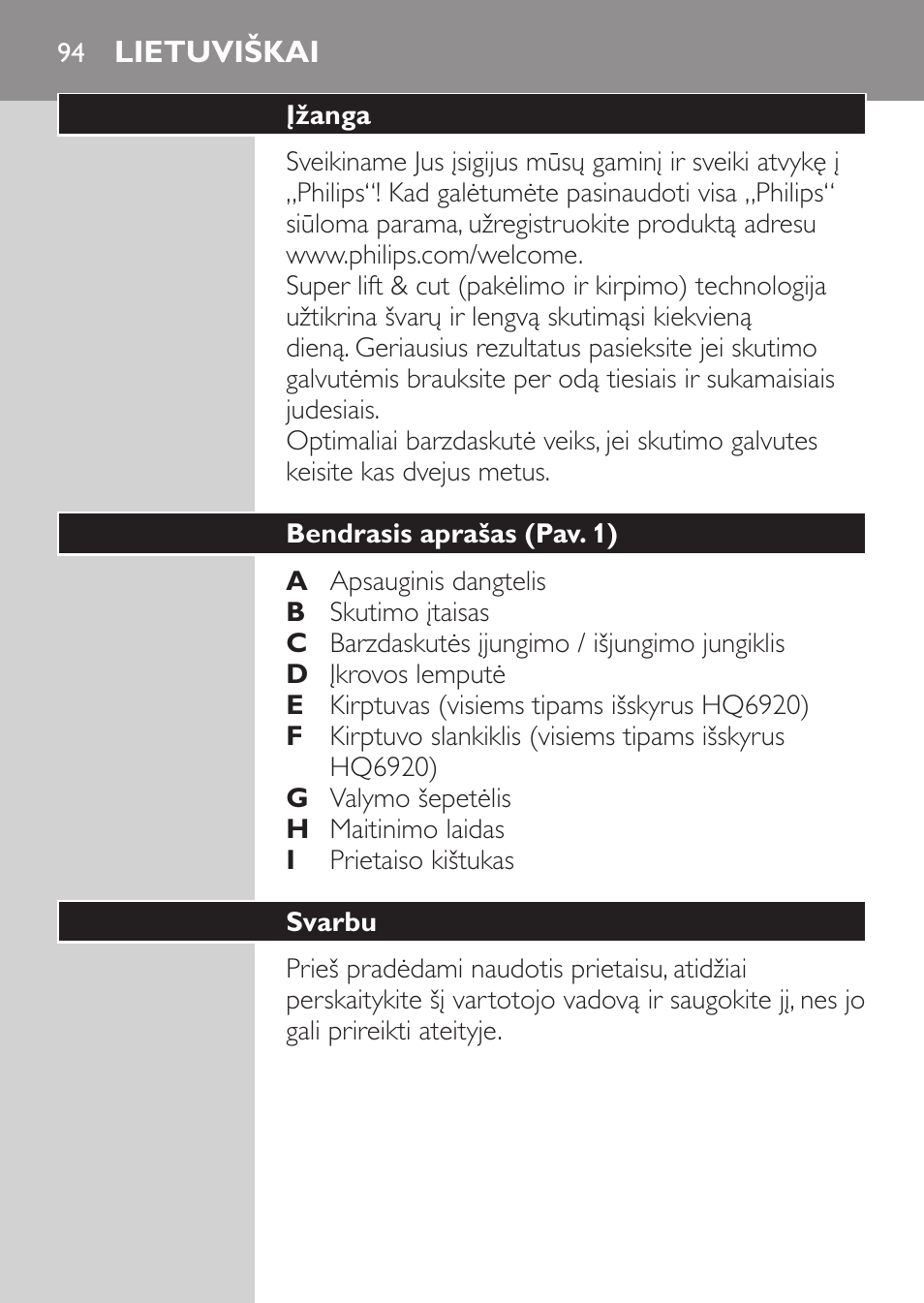 Pavojus, Lietuviškai, Įžanga | Bendrasis aprašas (pav. 1), Svarbu | Philips HQ 6990 User Manual | Page 94 / 206