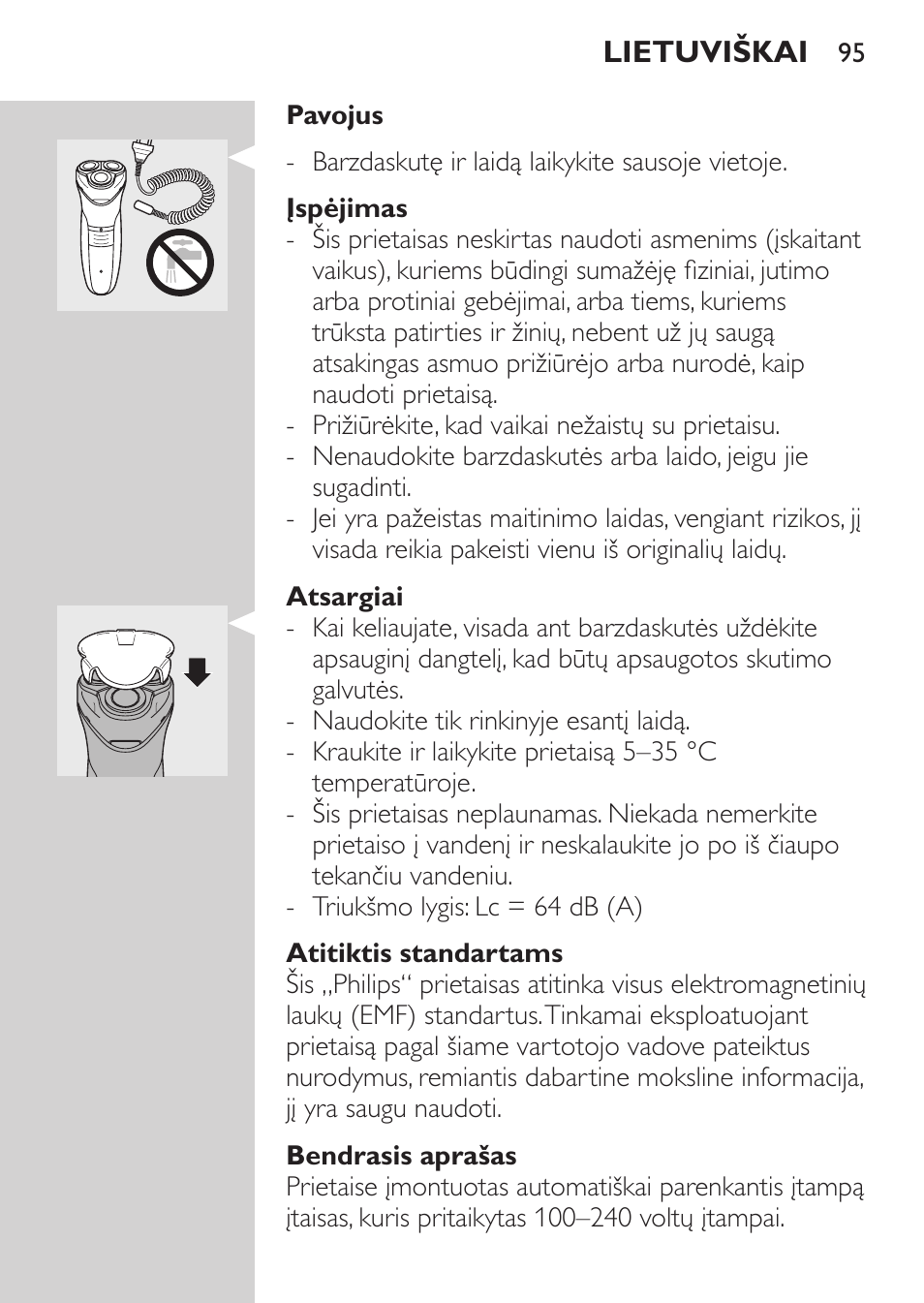 Įspėjimas, Atsargiai, Atitiktis standartams | Bendrasis aprašas | Philips HQ 6990 User Manual | Page 95 / 206