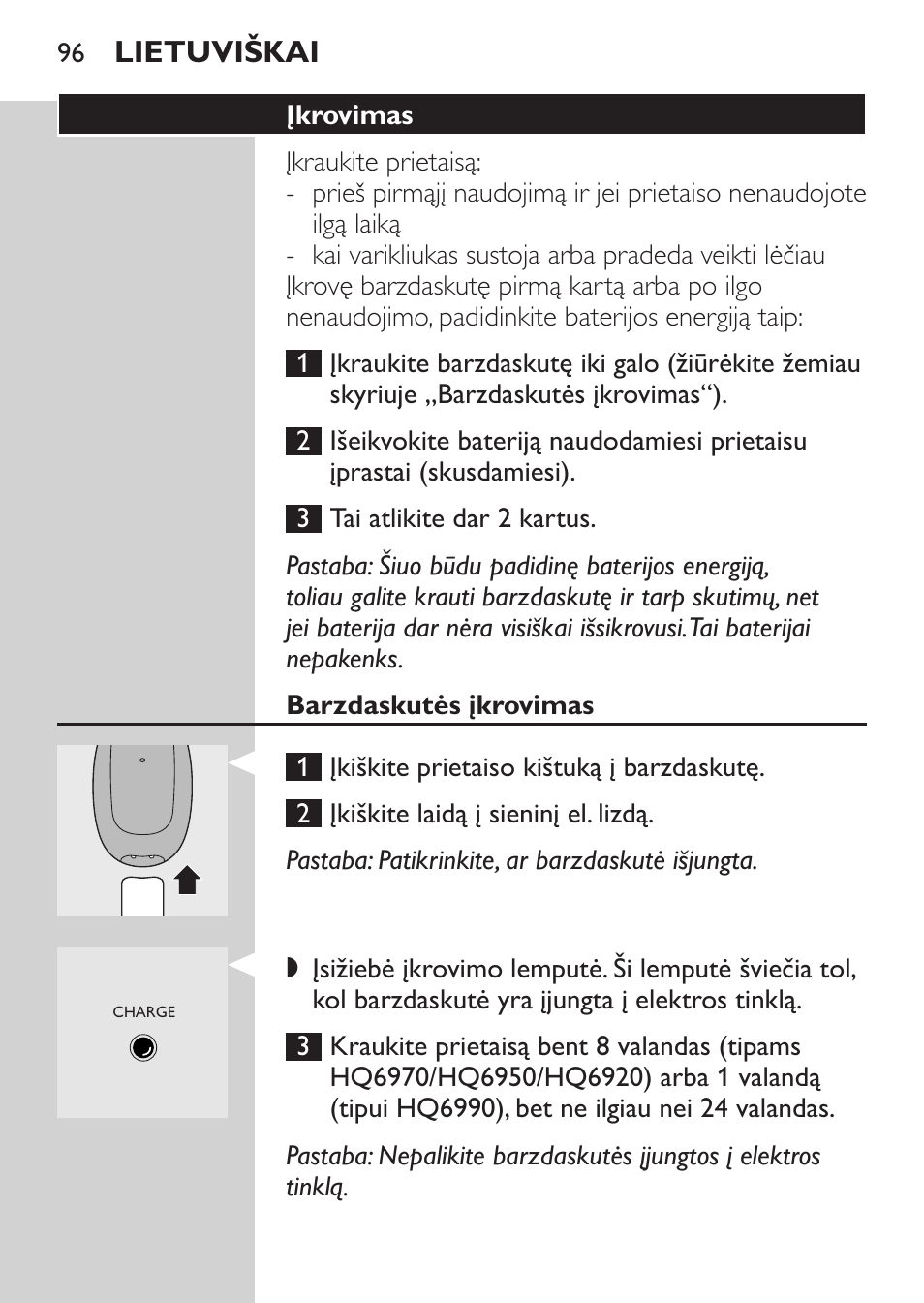 Įkrovimas, Barzdaskutės įkrovimas | Philips HQ 6990 User Manual | Page 96 / 206