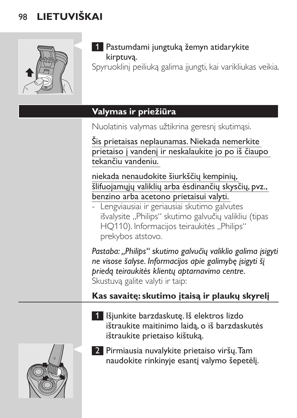 Valymas ir priežiūra, Kas savaitę: skutimo įtaisą ir plaukų skyrelį | Philips HQ 6990 User Manual | Page 98 / 206