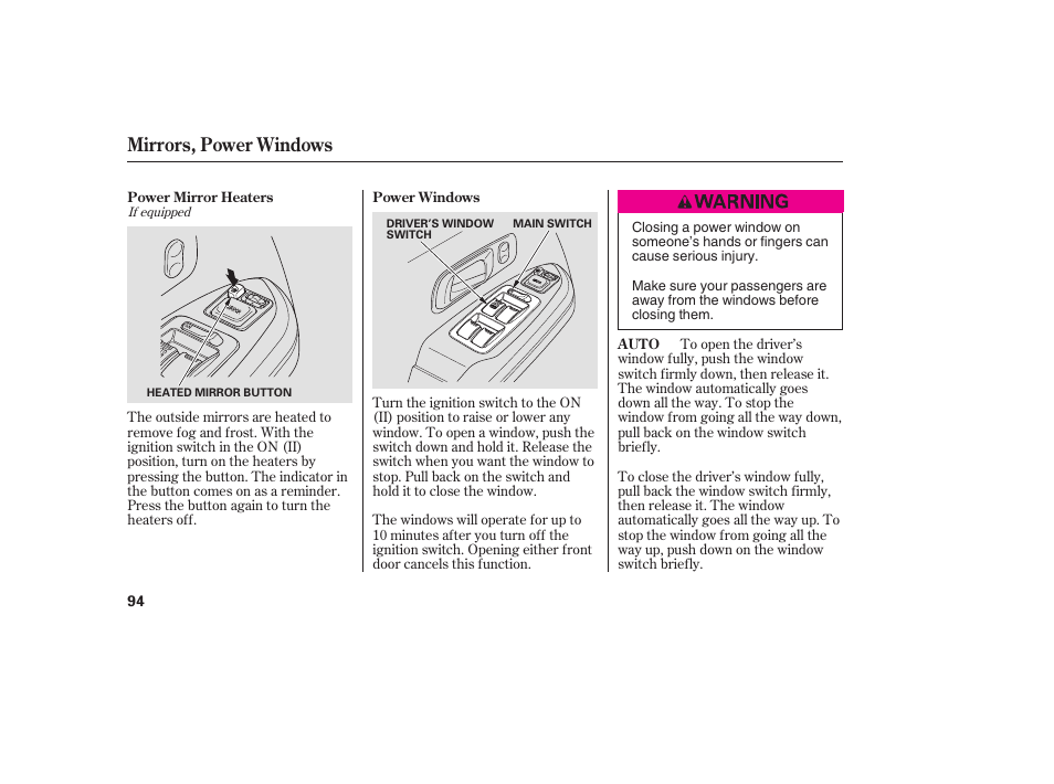 Mirrors, power windows | HONDA 00X31-S9V-6502 User Manual | Page 100 / 330