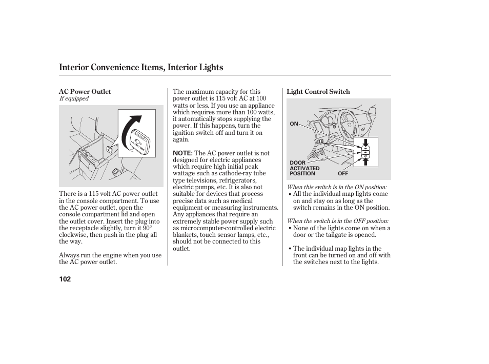 Interior convenience items, interior lights | HONDA 00X31-S9V-6502 User Manual | Page 108 / 330