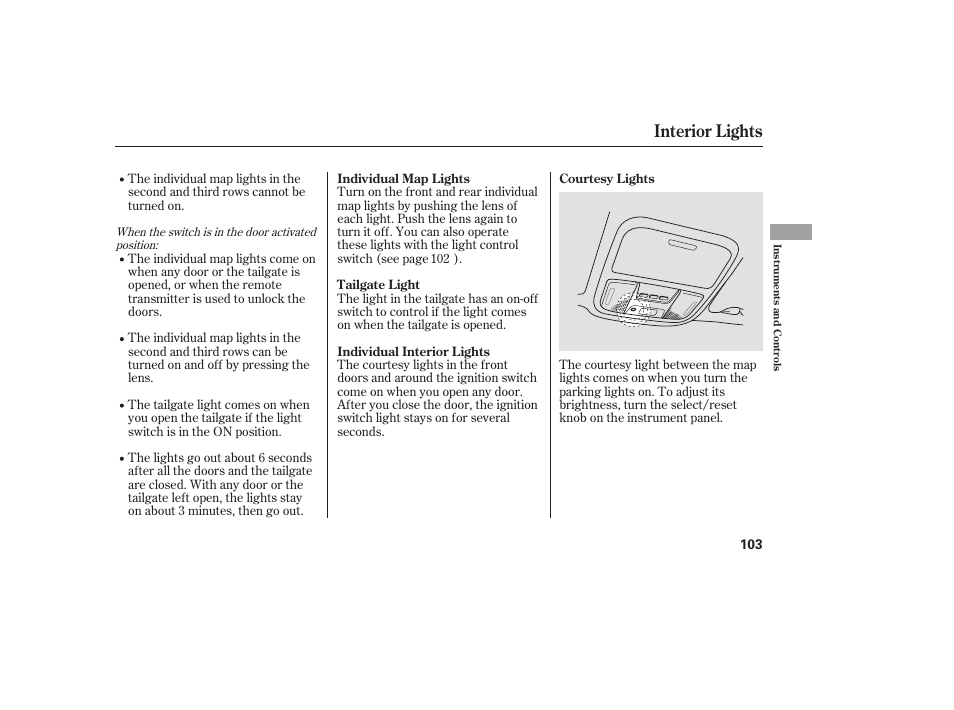 Interior lights | HONDA 00X31-S9V-6502 User Manual | Page 109 / 330