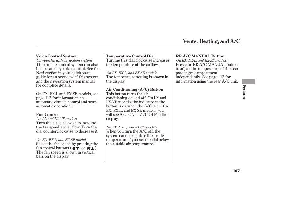 Vents, heating, and a/c | HONDA 00X31-S9V-6502 User Manual | Page 113 / 330