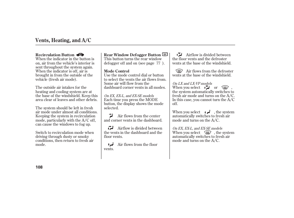 Vents, heating, and a/c | HONDA 00X31-S9V-6502 User Manual | Page 114 / 330