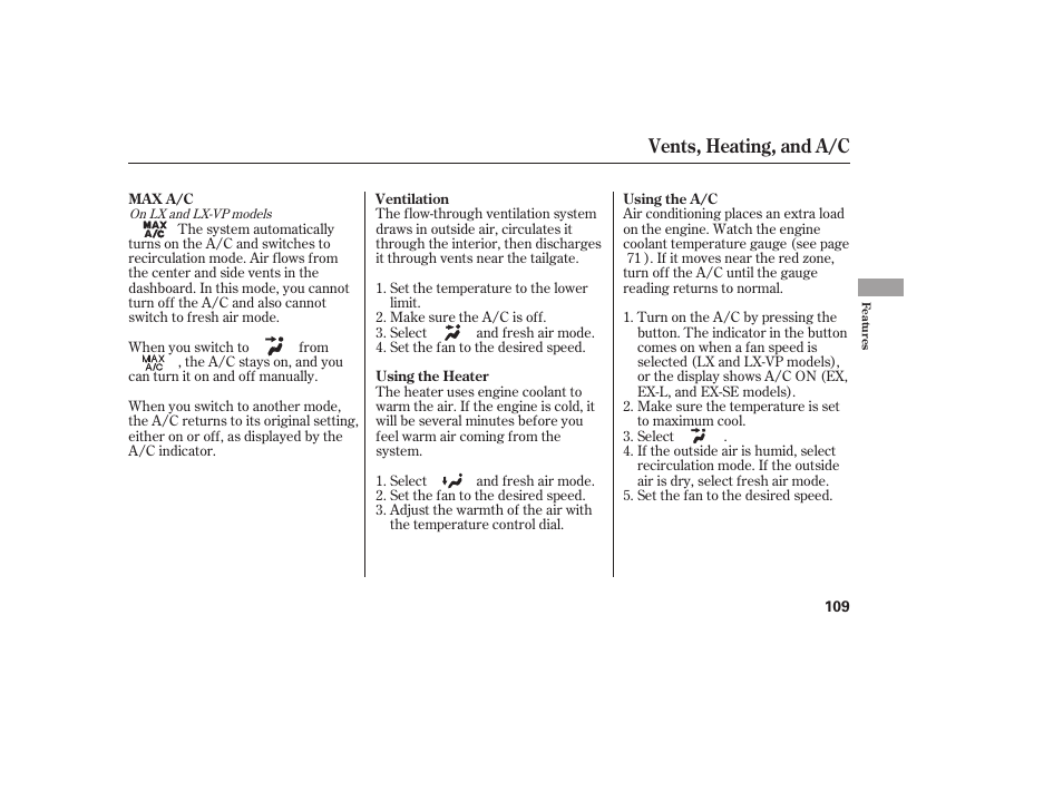 Vents, heating, and a/c | HONDA 00X31-S9V-6502 User Manual | Page 115 / 330