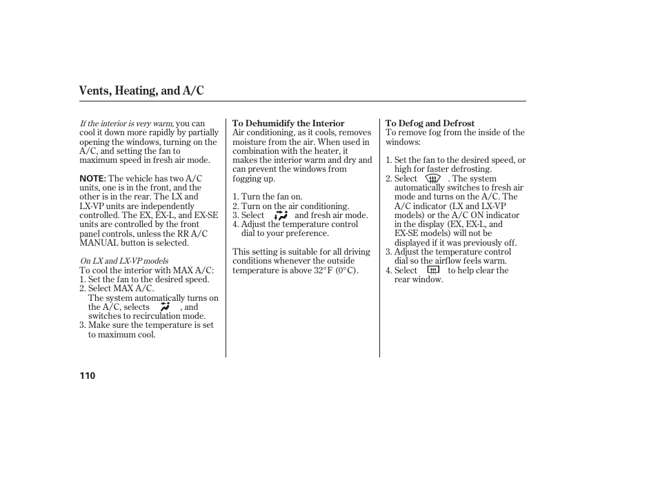 Vents, heating, and a/c | HONDA 00X31-S9V-6502 User Manual | Page 116 / 330