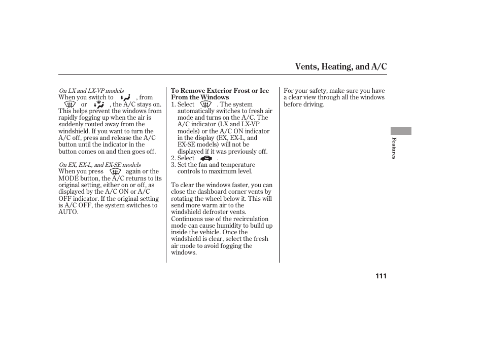 Vents, heating, and a/c | HONDA 00X31-S9V-6502 User Manual | Page 117 / 330